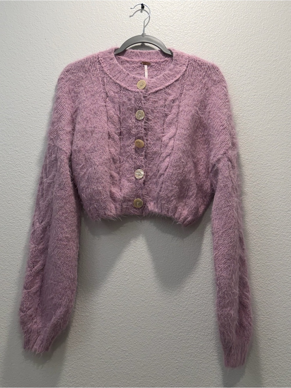 Free People Cable Knit Cropped Cardigan Sweater Purple Crew Neck S